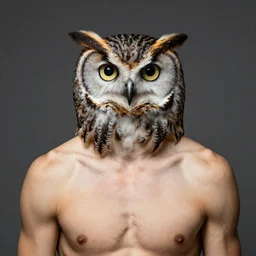 A shirtless owl-headed man