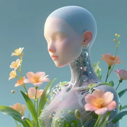digital flowers grow on a beautiful cyborg