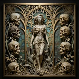 detailed realistic memento mori by james jean, gothic ornament, skulls, bones, art nouveau, neogothic, ornate art nouveau botanicals, horizontal symmetry