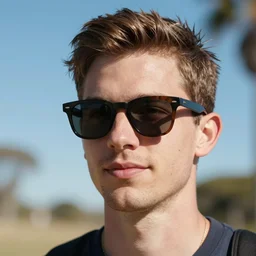 a beautiful portrait of a bloke wearing a pair of extremely odd sunglasses, on a hot australian day, high quality, photography, volumetric lighting, 8 k