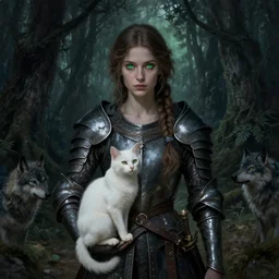 medieval female warrior, green eyes, dark forbidden forest, wolves, white cat, by Lecouffe-Deharme, by Natalie Shau