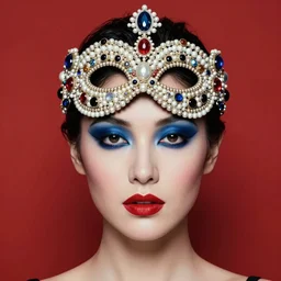 an 8 0's airbrush portrait of a woman with dark blue eye shadow and red lips with dark slicked back hair, a mask of beads and jewels hanging from a crown by serge lutens, rolf armstrong, delphin enjolras, peter elson, background of classic red cloth