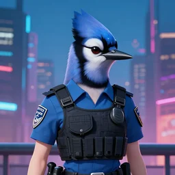 A beautiful portrait commission of a female furry anthro blue jay bird wearing a security guard uniform with a bullet proof vest. Cyberpunk city