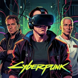 Illustrated by Shepard Fairey and H.R. Geiger | Cyberpunk Nicolas Cage with VR helmet, surrounded by cables