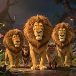 a village of lion people, studio ghibli, pixar and disney animation, sharp, rendered in unreal engine 5, bloom, dramatic lighting