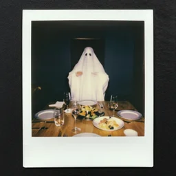 ghost, a 1 9 8 5 color polaroid of a seance at a dining room table captures the image of a ghostly apparition, paranormal evidence, aged photo, authentic