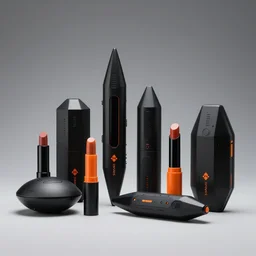 a range of sophisticated high - fashion futuristic cosmetic packaging, black and orange colour palette, product shot, military shapes, stealth fighter style, studio lighting