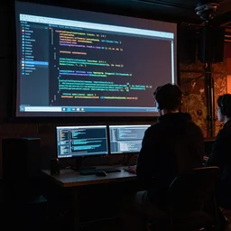 live coding duo on a neon lit stage with code projected behind their back, rave scene, underground Berlin, press photography