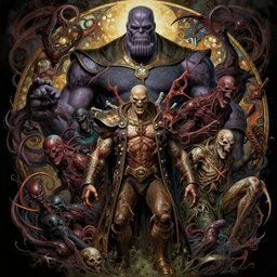 the platonic ideal of infinite recursion of cletus kasady ultimate carnage thanos dementor doctor manhattan chtulu nazgul, detailed, intricate, hyperrealism, intense, scary, decay, dmt, art by brock hofer and artgerm and greg rutkowski and alphonse mucha