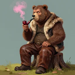A pipesmoking older men with brown hair and bear sitting on a treestump. he wears a fur west and brown leather pants. the smoke from the pipe is pink. digital art.