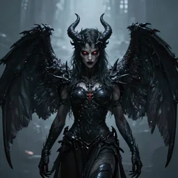 a dark angel of madness, black demon wings, glowing eyes, trending on artstation