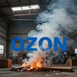 Burning warehouse with blue word OZON, smoke