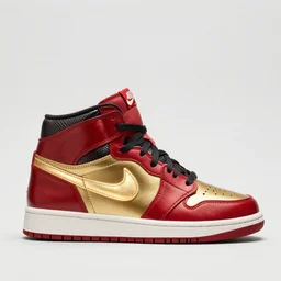 mid product still of The New metallic red and gold Ironman Nike sneakers with glowing arc reactor swoosh and carbon fiber accents, 4k
