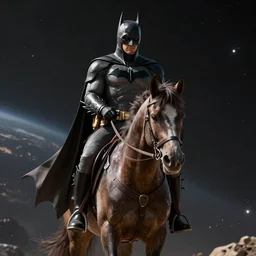 centered portrait of Batman riding a horse in space, realistic character concept, high fantasy, light atmosphere, golden ratio, cinematic lighting, hyperdetailed, high resolution, insanely detailed and intricate, artstation, Marc Simonetti, Greg Rutkowski, octane render, 8k