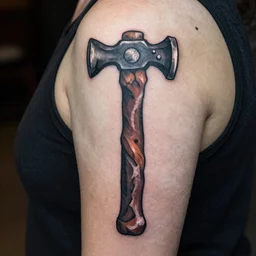 Ugly tattoo of hammer from Nordic mythology, amateur, worst
