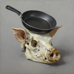 “An oil painting of general pig skull wearing a frying pan on his head”