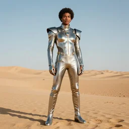 portrait davis taylor brown dressed in 1 9 8 1 space fantasy fashion, avante garde, shiny metal, standing in a desert