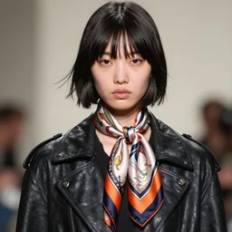 ektachrome, youthful asian demure, exquisite features, feminine cut, frontiers in flight leather, queen mother silk scarf, sebastian faena