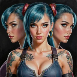 gorgeous!! hyper - realistic giant woman resembling bulma + felicia from darkstalkers, tattoos | drawn by artgerm, drawn by wlop, drawn by jeehyung lee | intricate, high detail, ultra graphics, photorealistic, symmetrical, cinematic, smooth, sharp focus, character design, expressive, cute, beautiful!!