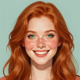 a smiling woman with red hair, green eyes, dimples, and rosy cheeks, digital art