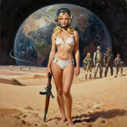 a mixed media painting of a beautiful blonde woman with a rifle on a desert planet, elegant, aesthetic!!! symmetrical face and eyes, piercing gaze, sixties pinup style, photorealistic, curvy, model, 6 0's glass helmet and futuristic high waisted white bikini, epic sci - fi character art, full length, by frank frazetta, donato giancola, boris vallejo, beeple, greg rutkowski, christian macnevin, high fantasy, prometheus, cgsociety, exquisite detail, post - processing, masterpiece, cinematic