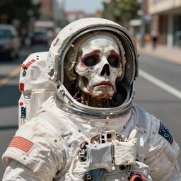 photo portrait of a dead astronaut body on the street, summer, daylight, cinematic tone,