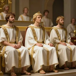 ancient senators in royal crimson and white robes sit in tribunes, highly detailed, beautiful cinematic light deep focus, elegant, digital painting, smooth, sharp focus, golden ratio, dramatic illumination, art by aleksi briclot, rutkowski and caravaggio