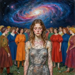 a frail young woman wrapped in wire, surrounded by a crowd of colorfully dressed people, a background of exploding nebulas, by paula rego
