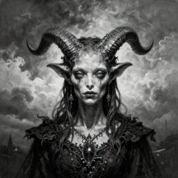 By Tom Bagshaw, ultra realist soft painting portrait of curiosities carnival by night, very beautiful horned single zynoid gothic fully dressed fading, symmetry accurate features, very intricate details, ominous sky, black and white, volumetric light clouds