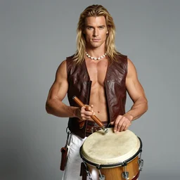 a male ranger with a bongo drum and holding nunchaku, wearing a leather vest and white linen pants, chiseled good looks, long swept back blond hair, puka shell necklace, gertrude kasebier
