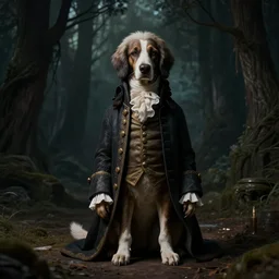 dog, alexander hamilton style, beautiful costume, dark fantasy, liminal space, dark paradise, digital art, 4 k
