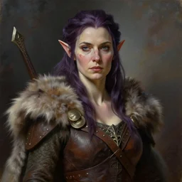 oil painting a female medieval fantasy tolkien elf, dark purplish hair tucked behind ears, wearing leather with a fur lined collar, wide face, muscular build, scar across the nose, cinematic, character art, l, detailed.