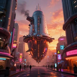 a bulbous zaha hadid space-station city street interior with neon lights and signs inspired by a nuclear reactor submarine and maschinen krieger, ilm, beeple, star citizen halo, mass effect, 2001 space odyssey, elysium, iron smelting pits, warm saturated colours, atmospheric perspective, dramatic sunset