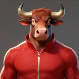 a award winnimg commission portrait of a fit anthro bull wearimg a red tracksuit,digital art,art by greg rutkowski,character design by charles bowater,professional character design,ross tran,artstation,deviantart,photorealistic,detailed face,hyperdetailed,4k