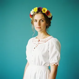 a photograph of beautiful nordic woman wearing a white folkdrakt dress, she has a summer flower headband. against a teal studio backdrop. strong kodak portra 4 0 0 film look. film grain. hyperrealistic