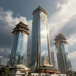 futuristic architecture design, tall towers combining traditional chinese and western elements made by obsidian, reflection under the sunlight, cinematic clouds, god rays, intricate, elegant, highly detailed, digital painting, artstation, smooth, sharp focus, illustration, unreal engine, render