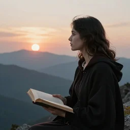 young girl vampire staying at the mountain and waiting for the sunrise, style of old picture in book
