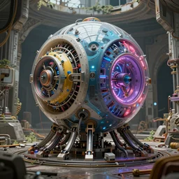 futuristic robotic solarpunk cybernetic symbiosis thick bifurcated biomechanic cnc surgical hybrid mri 3 d printer machine making a biosphere capsule, in abandoned ancient ruins, highly detailed, wide range pantone colors, hyperrealistic, artstation, concept art, unreal render, sharp focus, hyper realistic photography