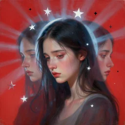 3 d, close - up, white and black stars, red sky, sad fashion model, light blue moon rays, soft shadows, melancholy, cinematic, poster art, hyper detail, intricate oil painting, multiple exposure, night mood, 3 d, by tooth wu and wlop and gerald brom and eric canete and beeple and greg rutkowski