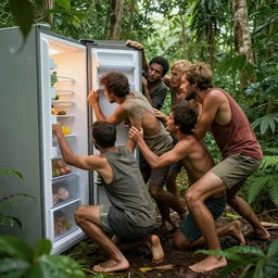 a group of men struggling to climb inside a refrigerator!!!!! in the jungle, high quality photo, 8 k, extreme detail