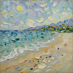 oil paint impasto relief, beautiful italian beach scene, multi layered thick brush marks, some splattered paint, in the style of van gogh and frank auerbach and francis bacon