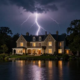 a gatsby mansion on the lakefront at night, dynamic lightning, natural lighting, 8k, photo