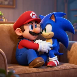mario cuddling sonic romantically on the sofa,