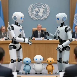 robots at a UN meeting arguing if they should get rid of all humans or keep some as pets