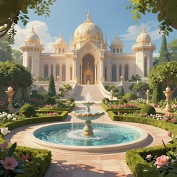Beautiful eden garden, next to a fountain and a mystical palace, intricate, elegant, volumetric lighting, digital painting, highly detailed, artstation, sharp focus, illustration, concept art, ruan jia, steve mccurry