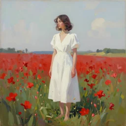 a painting of a woman in a white dress standing in a field of red flowers by craig mullins, trending on artstation, color field, concept art, artstation hd, matte drawing
