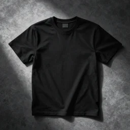 a black tee shirt laying down flat, top view,
