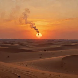 epic sunset, sole smoke rising straightly in distance, in boundless desert, volumetric lighting, highly detailed, oil painting, by edgar degas