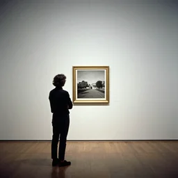 person seen from behind standing in an empty gallery contemplating over a frame hanging at the opposite wall, photo taken with provia 1967