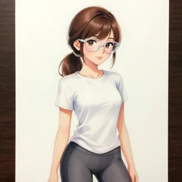 drawing of a brunette woman, brown hair, wearing translucent glasses and a ponytail, wearing a white t shirt and grey leggings, anime style, very detailed, digital painting